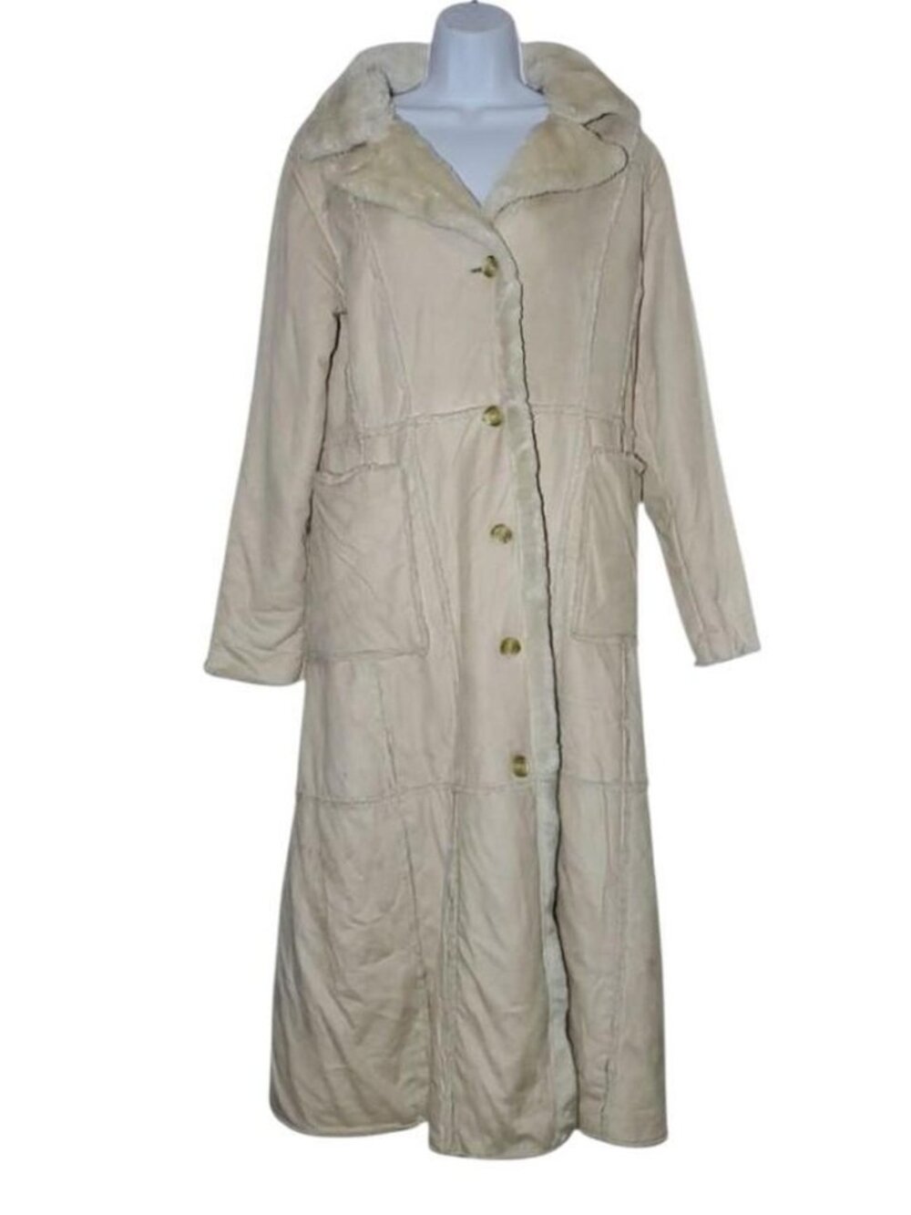 Cream Y2K faux fur collar trench coat with button